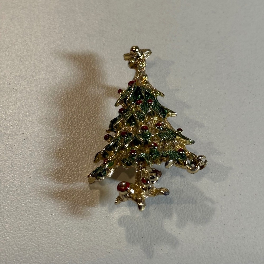 Vintage Christmas Tree‎ Brooch Pin Gold Tone Red Green Holiday Jewelry